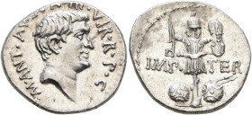 Mark Antony, 44-30 BC. Denarius (Silver, 20 mm, 3.87 g, 5 h), military mint moving with Mark Antony in northern Syria, late summer-autumn 38. M•ANT•AV...