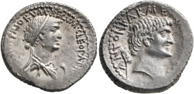 Cleopatra VII of Egypt, 51-30 BC, with Mark Antony. Denarius (Silver, 19 mm, 3.91 g, 2 h), Alexandria, autumn 34. CLEOPAT[RAE REGINAE•REGVM•]FILIORVM•...