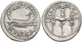 Mark Antony, 44-30 BC. Denarius (Silver, 17 mm, 3.74 g, 5 h), military mint moving with Mark Antony (Patrae?), 32-31. ANT•AVG / III•VIR•R•P•C Galley r...