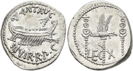Mark Antony, 44-30 BC. Denarius (Silver, 17 mm, 3.84 g, 6 h), military mint moving with Mark Antony (Patrae?), 32-31. ANT AVG / III VIR•R•P•C Galley r...