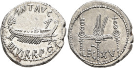 Mark Antony, 44-30 BC. Denarius (Silver, 18 mm, 3.79 g, 6 h), military mint moving with Mark Antony (Patrae?), 32-31. ANT•AVG / III VIR•R•P•C Galley r...