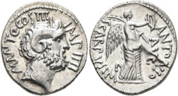 Mark Antony, 44-30 BC. Denarius (Silver, 19 mm, 3.61 g, 12 h), with L. Pinarius Scarpus, imperator. Military mint in Cyrene, 31. M ANTO COS III IMP II...