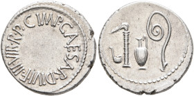Octavian, 44-27 BC. Denarius (Silver, 19 mm, 3.68 g), mint moving in central or southern Italy, summer 37. IMP•CAESAR•DIVI•F•III•VIR•R•P•C around empt...