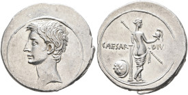 Octavian, 44-27 BC. Denarius (Silver, 21 mm, 3.73 g, 3 h), uncertain mint in Italy (Rome?), autumn 32-summer 31. Bare head of Octavian to left. Rev. C...