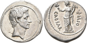 Octavian, 44-27 BC. Denarius (Silver, 19 mm, 3.83 g, 1 h), uncertain mint in Italy (Rome?), autumn 32-summer 31. Bare head of Octavian to right. Rev. ...
