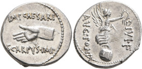 Octavian, 44-27 BC. Denarius (Silver, 19 mm, 4.30 g, 1 h), L. Pinarius Scarpus, moneyer. Cyrene, autumn 31. IMP•CAESARI - SCARPVS•IMP Right hand to le...