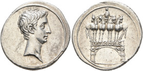 Octavian, 44-27 BC. Denarius (Silver, 20 mm, 3.74 g, 3 h), uncertain mint in Italy (Rome?), autumn 30-summer 29. Bare head of Octavian to right. Rev. ...