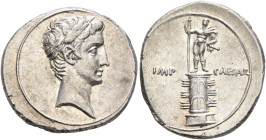 Octavian, 44-27 BC. Denarius (Silver, 20 mm, 3.84 g, 9 h), uncertain mint in Italy (Rome?), autumn 30-summer 29. Laureate head of Octavian to right. R...
