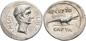 Octavian, 44-27 BC. Denarius (Silver, 20 mm, 3.53 g, 12 h), uncertain mint in Italy (Rome?), 28. CAESAR - COS VI Bare head ot Octavian to right; behin...