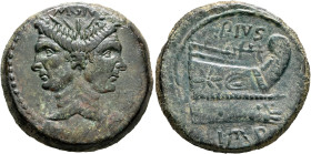 Sextus Pompey, 43-35 BC. As (Bronze, 31 mm, 23.80 g, 12 h), uncertain mint in Sicily, circa 42-38. MGN Laureate janiform head of Pompey 'the Great'. R...