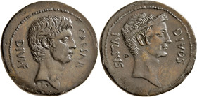 Octavian and Divus Julius Caesar. Dupondius (?) (Bronze, 31 mm, 22.74 g, 10 h), uncertain mint in southern (?) Italy, circa 38 BC. CAESAR - DIVI•F Bar...
