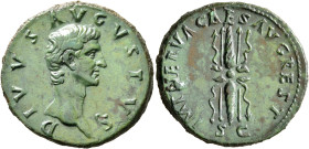 Divus Augustus, died AD 14. As (Copper, 29 mm, 12.15 g, 9 h), Rome, struck under Nerva, circa 97-98. DIVVS AVGVSTVS Bare head of Divus Augustus to rig...