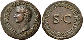 Tiberius, 14-37. As (Copper, 29 mm, 11.20 g, 12 h), Rome, 21-22. TI•CAESAR•DIVI•F•AVGVST•IMP•VIII• Bare head of Tiberius to left. Rev. PONTIF•MAXIM•TR...