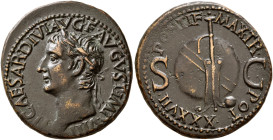 Tiberius, 14-37. As (Copper, 28 mm, 11.44 g, 7 h), Rome, 35-36. TI•CAESAR•DIVI•F•AVGVST•IMP•VIII• Laureate head of Tiberius to left. Rev. •PONTIF•MAX•...