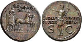 Germanicus, died AD 19. Dupondius (Orichalcum, 30 mm, 14.63 g, 7 h), Rome, struck under Gaius (Caligula), 37-41. GERMANICVS / CAESAR Germanicus, holdi...
