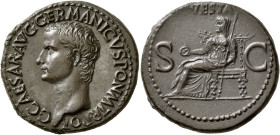 Gaius (Caligula), 37-41. As (Copper, 29 mm, 13.29 g, 6 h), Rome, 37-38. C•CAESAR•AVG•GERMANICVS•PON•M•TR•POT• Bare head of Gaius to left. Rev. VESTA /...