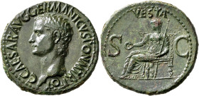 Gaius (Caligula), 37-41. As (Copper, 29 mm, 10.97 g, 6 h), Rome, 37-38. C•CAESAR•AVG•GERMANICVS•PON•M•TR•POT Bare head of Gaius to left. Rev. VESTA / ...