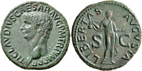 Claudius, 41-54. As (Copper, 30 mm, 11.84 g, 6 h), Rome, 42-43. TI CLAVDIVS CAESAR AVG P M TR P IMP P P Bare head of Claudius to left. Rev. LIBERTAS A...