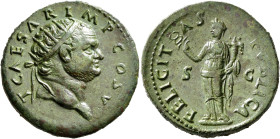 Titus, as Caesar, 69-79. Dupondius (Orichalcum, 28 mm, 13.62 g, 6 h), Rome, 76. T CAESAR IMP COS V Radiate head of Titus to right. Rev. FELICITAS PVBL...