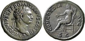 Domitian, as Caesar, 69-81. Dupondius (Orichalcum, 28 mm, 13.08 g, 6 h), Rome, 80-81. CAES DIVI VESP F DOMITIANVS COS VII Laureate head of Domitian to...