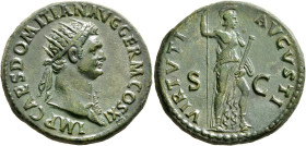 Domitian, 81-96. Dupondius (Orichalcum, 28 mm, 13.40 g, 6 h), Rome, 85. IMP CAES DOMITIAN AVG GERM COS XI Radiate head of Domitian to right, wearing a...