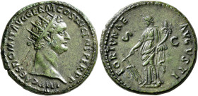 Domitian, 81-96. Dupondius (Orichalcum, 29 mm, 13.31 g, 6 h), Rome, 90-91. IMP CAES DOMIT AVG GERM COS XV CENS PER P P Radiate head of Domitian to rig...