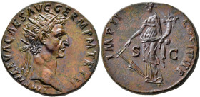 Nerva, 96-98. Dupondius (Orichalcum, 27 mm, 12.19 g, 6 h), Rome, 1-27 January 98. IMP NERVA CAES AVG GERM P M TR P II Radiate head of Nerva to right. ...