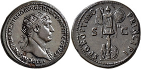 Trajan, 98-117. Dupondius (Orichalcum, 28 mm, 14.11 g, 6 h), Rome, circa 103-105. IMP CAES NERVAE TRAIANO AVG GER DAC P M TR P COS V P P Radiate bust ...