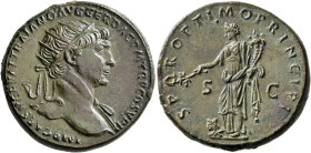 Trajan, 98-117. Dupondius (Orichalcum, 27 mm, 13.17 g, 6 h), Rome, circa 105-107. IMP CAES NERVAE TRAIANO AVG GER DAC P M TR P COS V P P Radiate head ...