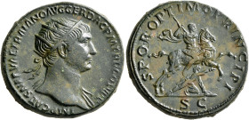 Trajan, 98-117. Dupondius (Orichalcum, 28 mm, 16.03 g, 6 h), Rome, circa 107-109. IMP CAES NERVAE TRAIANO AVG GER DAC P M TR P COS V P P Radiate head ...