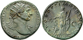 Trajan, 98-117. Dupondius (Orichalcum, 26 mm, 12.77 g, 6 h), Rome, circa 111. IMP CAES NERVAE TRAIANO AVG GER DAC P M TR P COS V P P Radiate head of T...