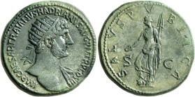 Hadrian, 117-138. Dupondius (Orichalcum, 28 mm, 14.49 g, 6 h), Rome, 119-120. IMP CAESAR TRAIANVS HADRIANVS AVG P M TR P COS III Radiate head of Hadri...