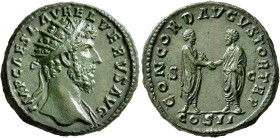 Lucius Verus, 161-169. Dupondius (Orichalcum, 27 mm, 13.35 g, 12 h), Rome, 161. IMP CAES L AVREL VERVS AVG Radiate head of Lucius Verus to right, with...