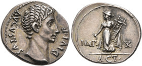 Augustus, 27 BC-AD 14. Denarius (Silver, 19 mm, 3.80 g, 4 h), Lugdunum, 15-13 BC. AVGVSTVS DIVI•F Bare head of Augustus to right. Rev. IMP• X / ACT• A...