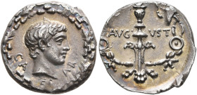 Augustus, 27 BC-AD 14. Denarius (Silver, 18 mm, 3.69 g, 6 h), uncertain mint in Pannonia (?), circa 12 BC. CA-ES-AR• Youthful bare head of Augustus to...
