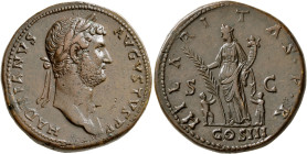 Hadrian, 117-138. Sestertius (Orichalcum, 32 mm, 26.42 g, 6 h), Rome, 128-129. HADRIANVS AVGVSTVS P P Laureate head of Hadrian to right. Rev. HILARITA...