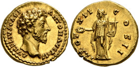 Marcus Aurelius, 161-180. Aureus (Gold, 18 mm, 7.31 g, 12 h), Rome, 157-158. AVRELIVS CAES ANTON AVG PII F Bare head of Marcus Aurelius to right. Rev....