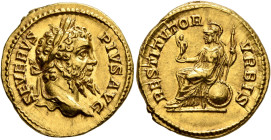 Septimius Severus, 193-211. Aureus (Gold, 20 mm, 7.05 g, 6 h), Rome, 206-early 208. SEVERVS PIVS AVG Laureate head of Septimius Severus to right. Rev....