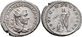 Macrinus, 217-218. Antoninianus (Silver, 24 mm, 6.91 g, 6 h), Rome, spring-summer 217. IMP C M OPEL SEV MACRINVS AVG Radiate and draped bust of Macrin...