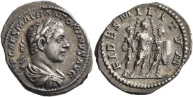 Elagabalus, 218-222. Denarius (Silver, 20 mm, 2.99 g, 11 h), Rome, 218-219. IMP CAES M AVR ANTONINVS AVG Laureate, draped and cuirassed bust of Elagab...