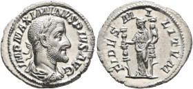 Maximinus I, 235-238. Denarius (Silver, 20 mm, 2.88 g, 1 h), Rome, 236. IMP MAXIMINVS PIVS AVG Laureate, draped and cuirassed bust of Maximinus I to r...