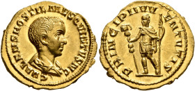 Hostilian, as Caesar, 250-251. Aureus (Gold, 20 mm, 3.88 g, 1 h), Rome. C VALENS HOSTIL MES QVINTVS N C Bare-headed and draped bust of Hostilian to ri...