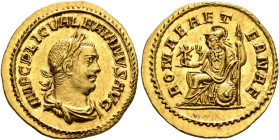 Valerian I, 253-260. Aureus (Gold, 19 mm, 3.44 g, 6 h), Samosata, 255-256. IMP C P LIC VALERIANVS AVG Laureate, draped and cuirassed bust of Valerian ...