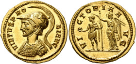 Probus, 276-282. Aureus (Gold, 20 mm, 6.37 g, 12 h), Siscia, early 279. VIRTVS P-RO-BI AVG Cuirassed bust of Probus to left, wearing crested pseudo-Co...