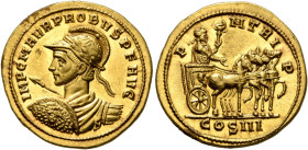Probus, 276-282. Aureus (Gold, 20 mm, 7.00 g, 6 h), Siscia, early 279. IMP C M AVR PROBVS P F AVG Laureate, helmeted and cuirassed bust of Probus to l...