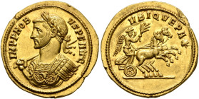 Probus, 276-282. Aureus (Gold, 21 mm, 6.73 g, 6 h), Rome, end of 281. IMP PROB-VS P F AVG Laureate and cuirassed bust of Probus to left, holding spear...