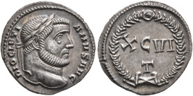 Diocletian, 284-305. Argenteus (Silver, 18 mm, 2.89 g, 12 h), Ticinum, 300-301. DIOCLETI-ANVS AVG Laureate head of Diocletian to right. Rev. XCVI / T ...