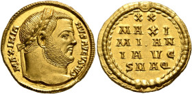 Maximianus, first reign, 286-305. Aureus (Gold, 19 mm, 5.22 g, 6 h), Aquileia, 303. MAXIMIANVS - AVGVSTVS Laureate head of Maximianus to right. Rev. X...