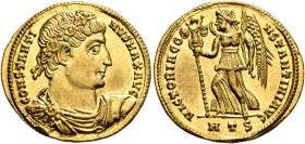 Constantine I, 307/310-337. Solidus (Gold, 22 mm, 4.41 g, 12 h), Thessalonica, summer 330. CONSTANTI-NVS MAX AVG Pearl-and-rosette-diademed, draped an...