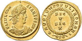 Constans, 337-350. 1 1/2 Scripula (Gold, 15 mm, 1.67 g, 6 h), Thessalonica, 337-340. FL IVL CON-STANS P F AVG Laurel-and-rosette-diademed, draped and ...